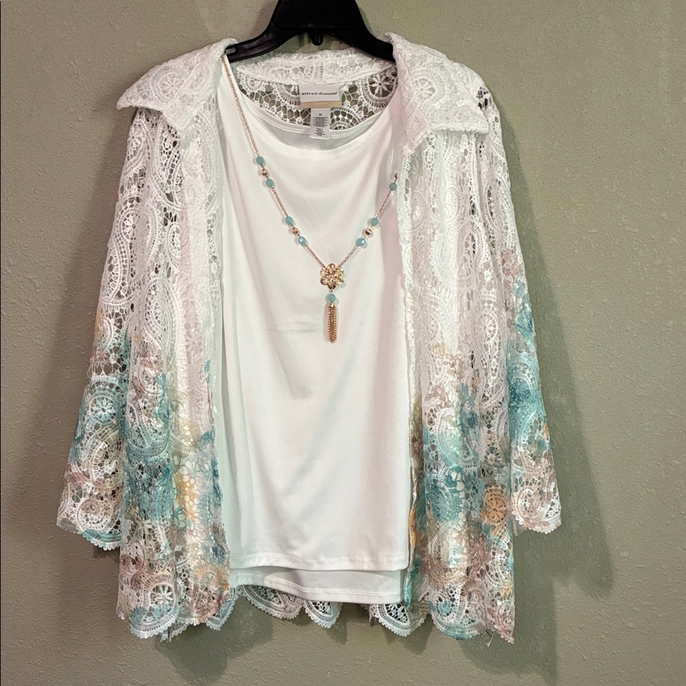 Lace Overlay Cardigan with White Top